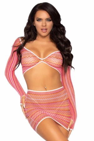 2 Piece Zigzag Net Gauntlet Sleeve Crop Top & Mini Skirt Set 2 Piece Zigzag Net Gauntlet Sleeve Crop Top & Mini Skirt Set