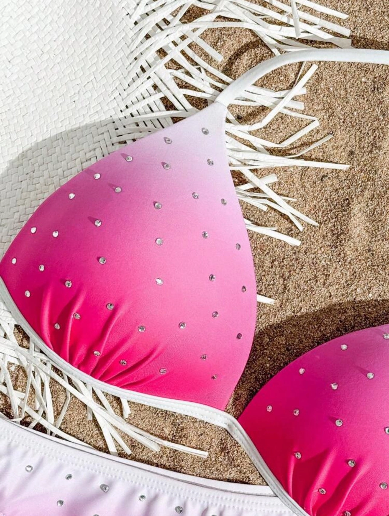 Beach Bum Bikini - Ombre Pink to White with Rhinestones