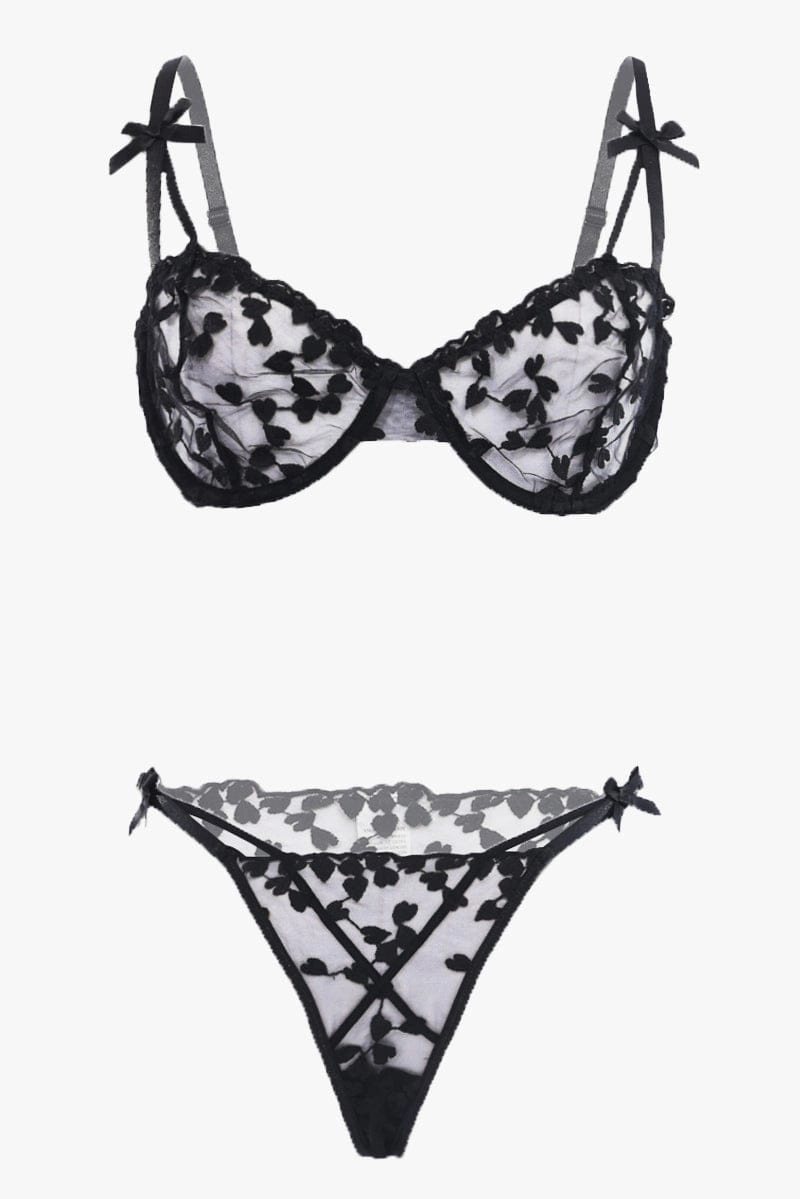 Black Heart Embroidery Lingerie Set