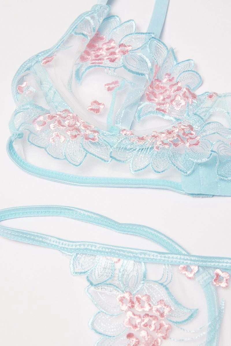 Blue Embroidery Lingerie Set