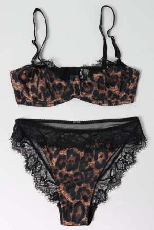 Brown Animal Print Lace Trim Lingerie Set