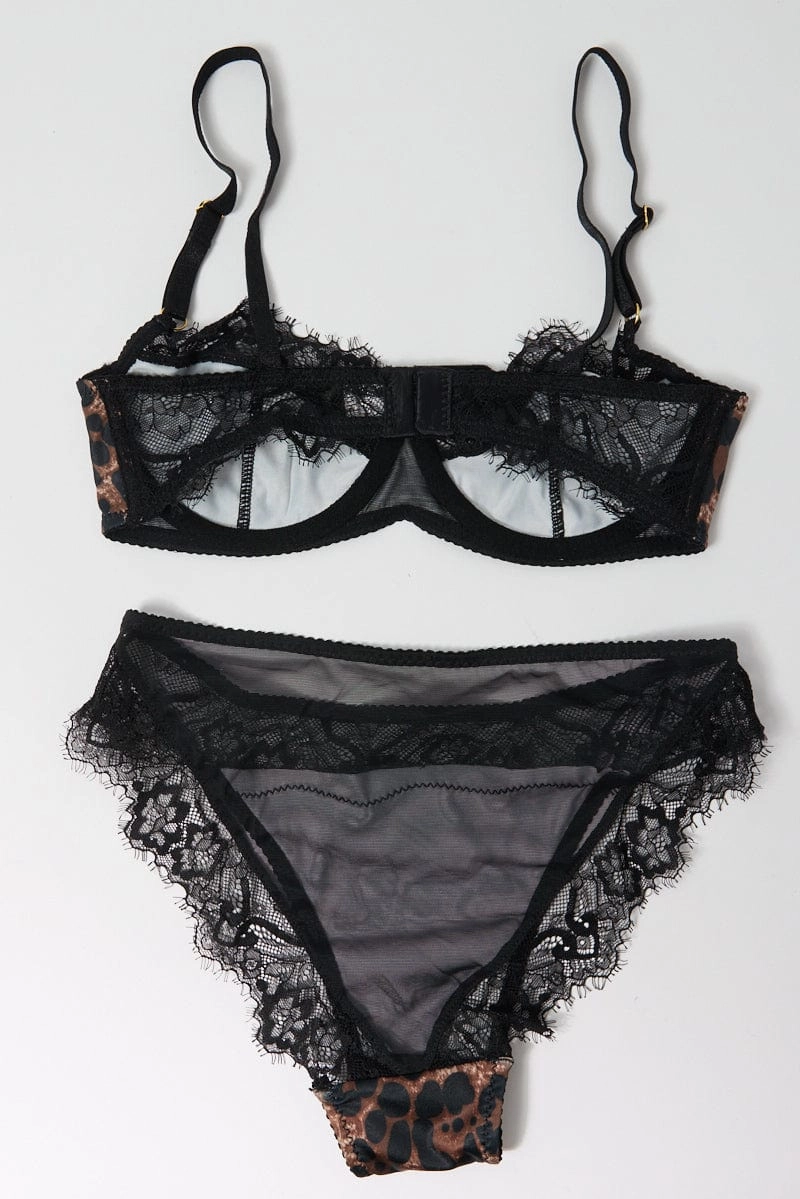 Brown Animal Print Lace Trim Lingerie Set