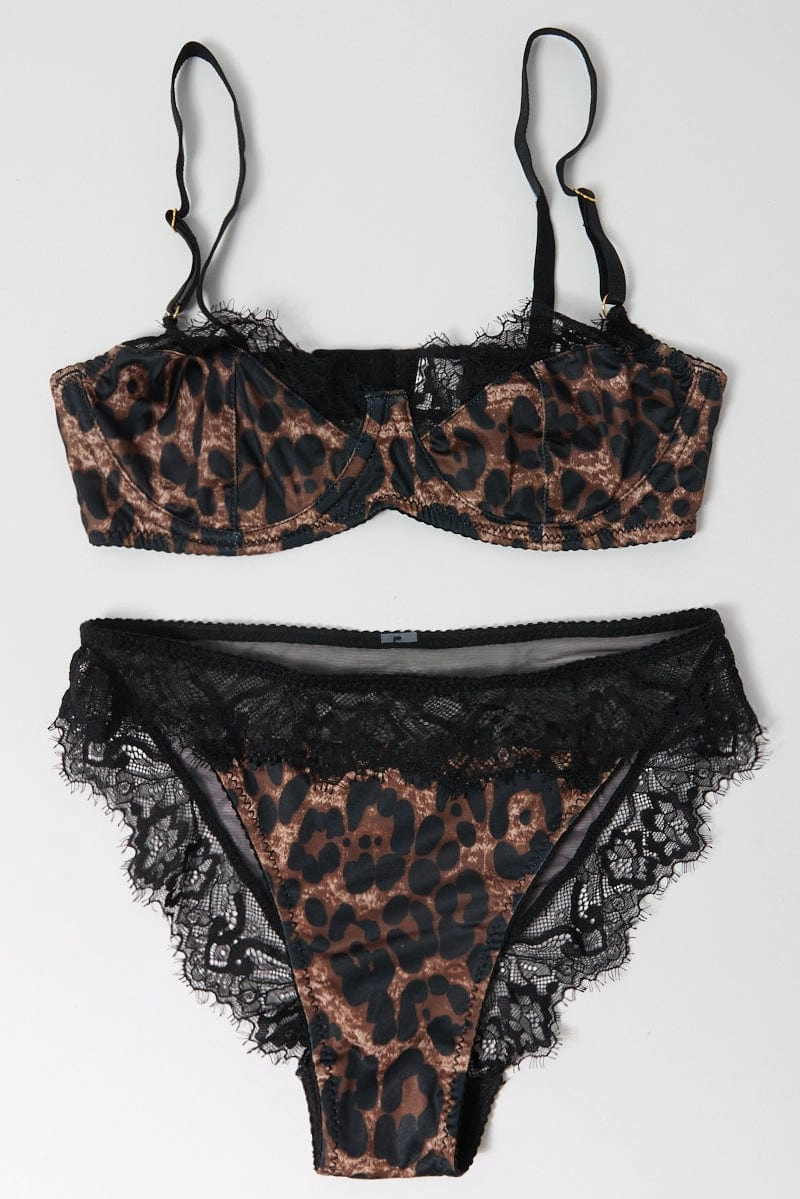 Brown Animal Print Lace Trim Lingerie Set