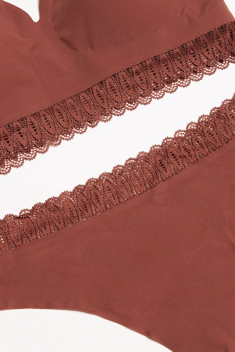 Brown Lace Trim Bralette and Knickers Lingerie Set