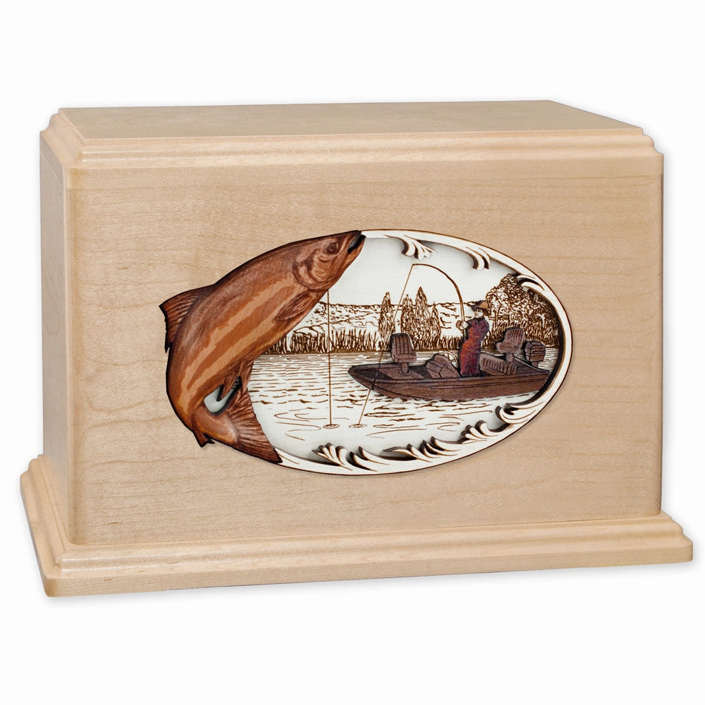 Companion Cremation Urn with Salmon Boat Fishing 3D Wood Inlay