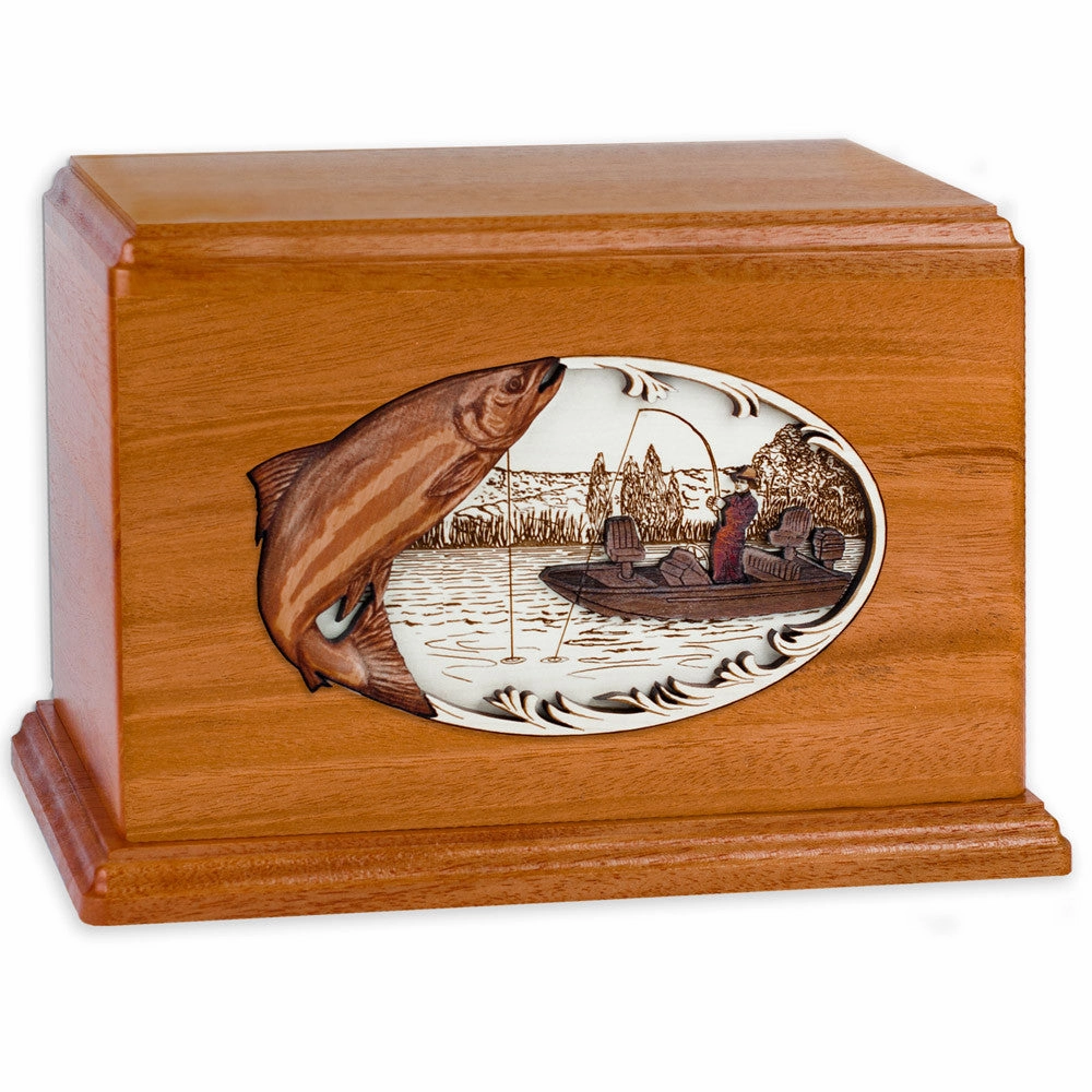 Companion Cremation Urn with Salmon Boat Fishing 3D Wood Inlay