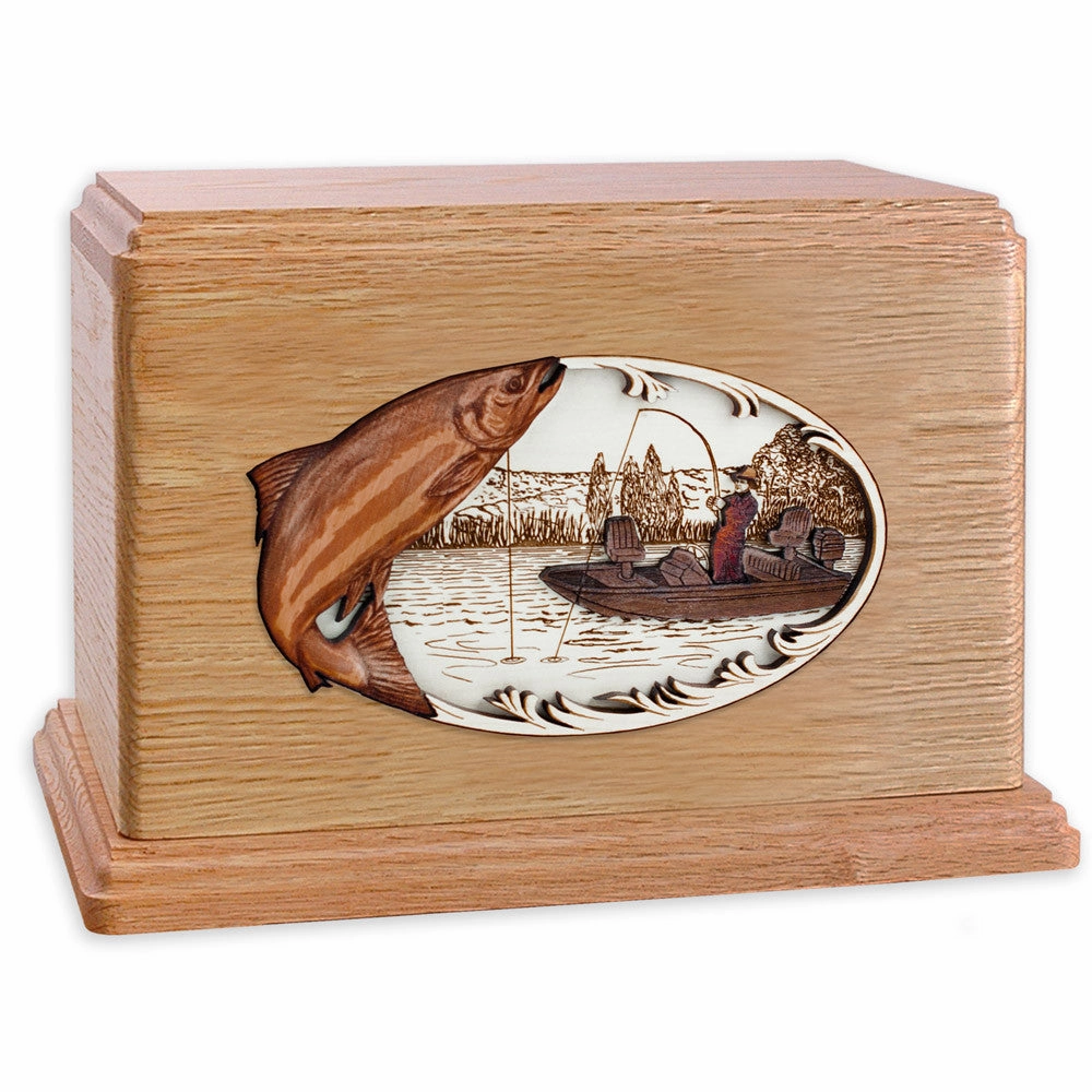 Companion Cremation Urn with Salmon Boat Fishing 3D Wood Inlay