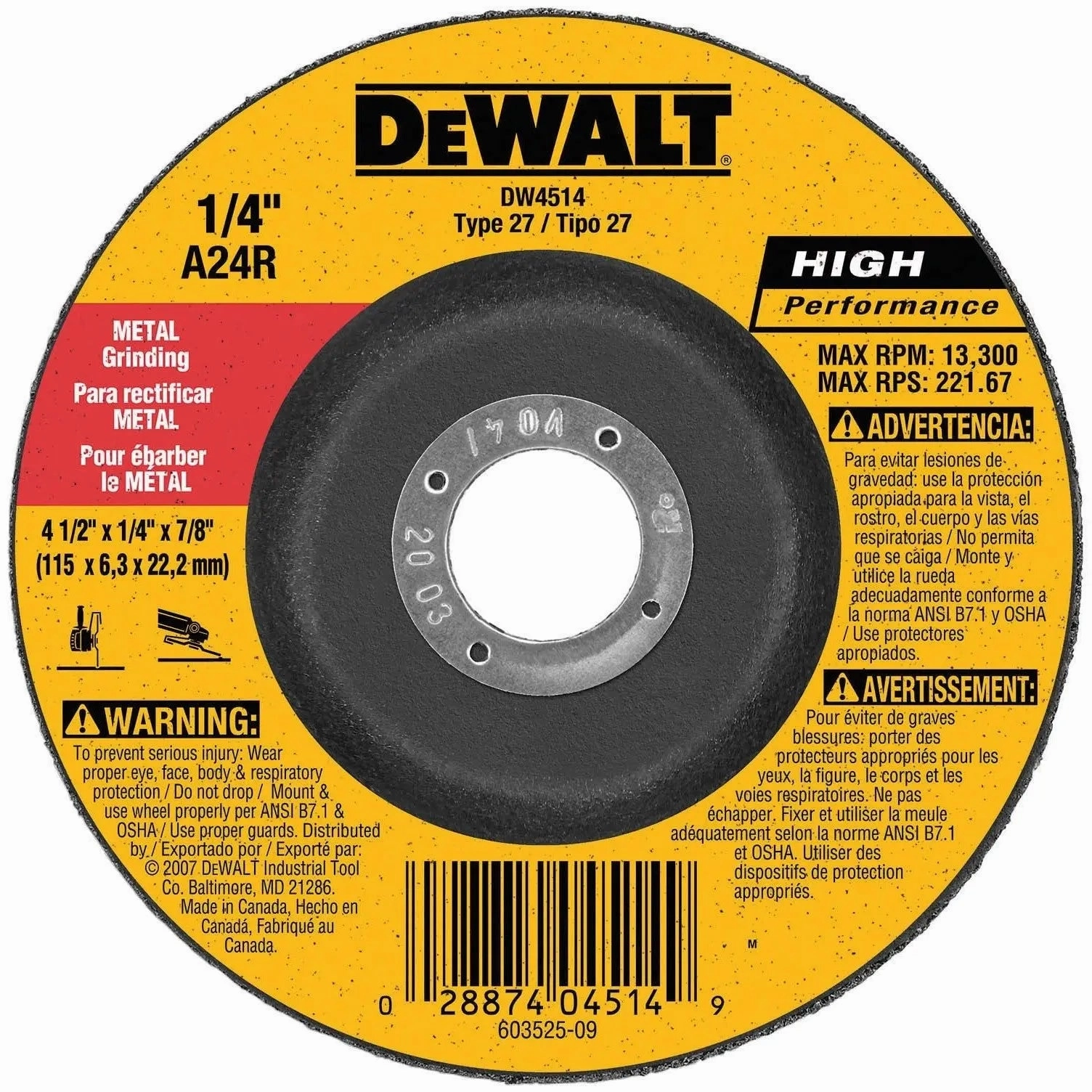 DEWALT DW4514-1/4" Thick Grinding Wheel With 4-1/2" Diameter And 7/8" Arbor