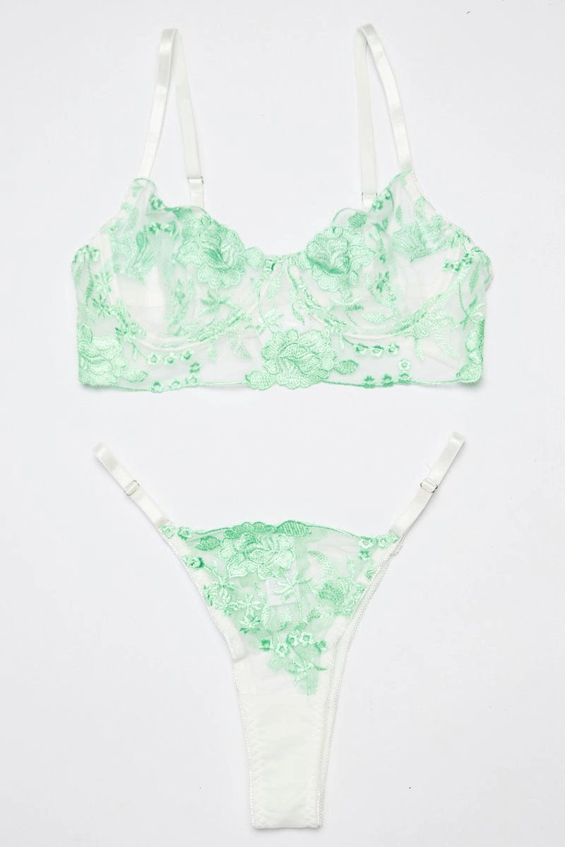 Green Floral Embroidered Lingerie Set