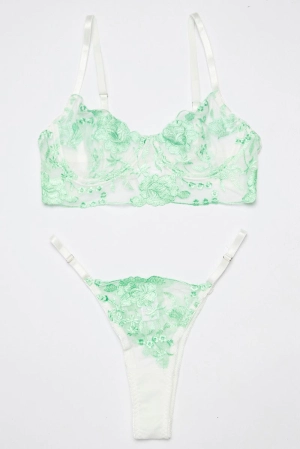 Green Floral Embroidered Lingerie Set