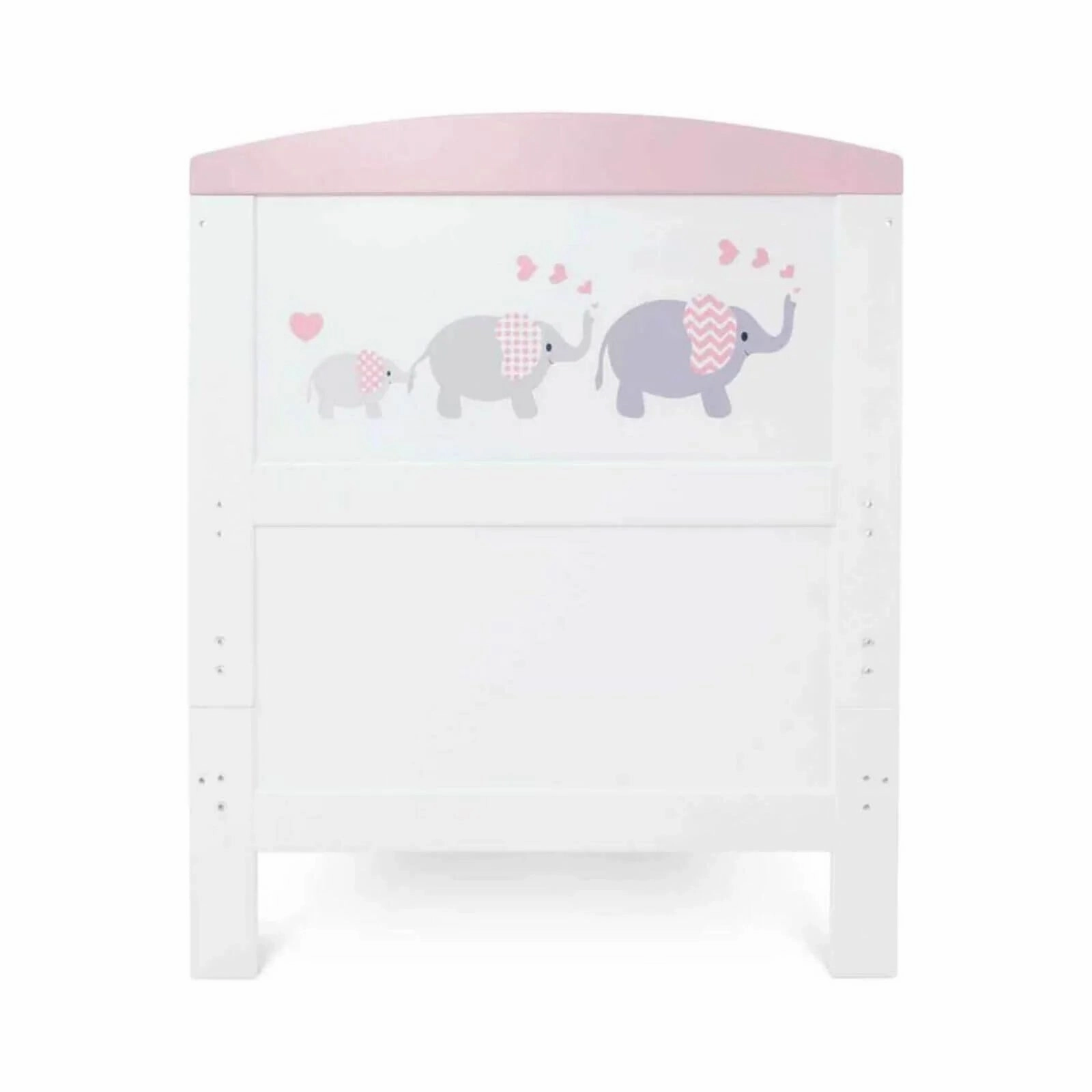 Ickle Bubba Coleby Style Cot Bed with Under Drawer Elephant Love Pink - Fibre Mattress