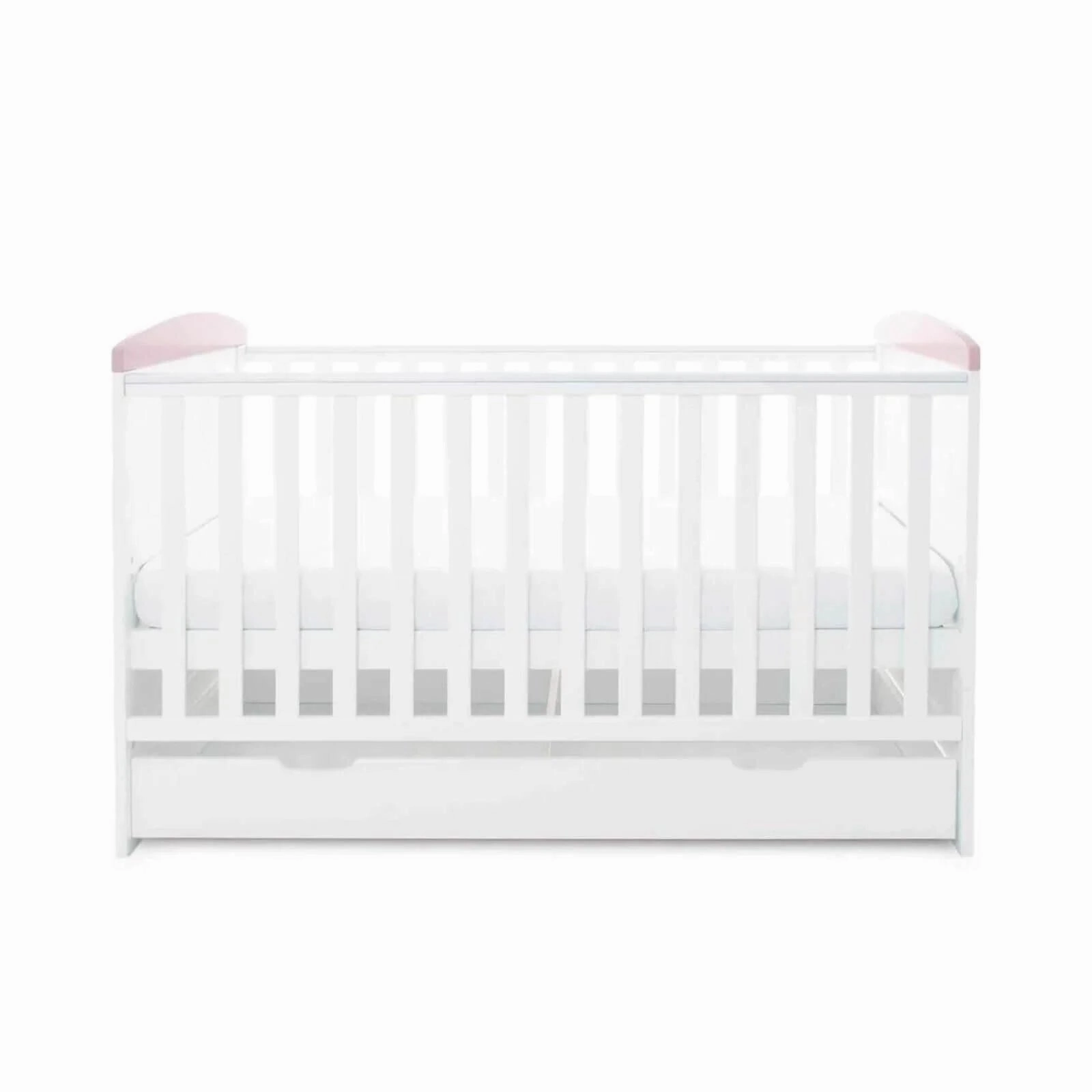 Ickle Bubba Coleby Style Cot Bed with Under Drawer Elephant Love Pink - Fibre Mattress