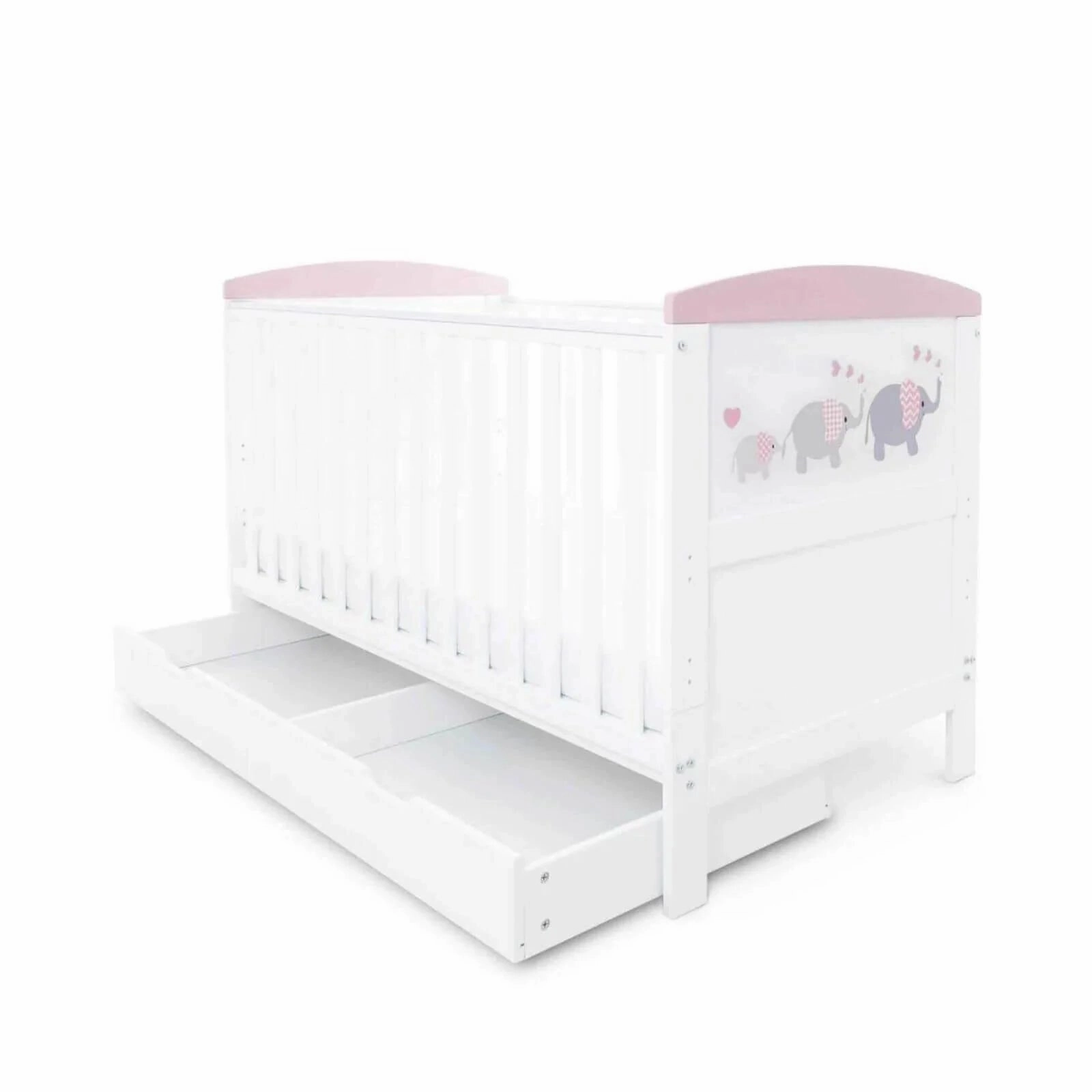 Ickle Bubba Coleby Style Cot Bed with Under Drawer Elephant Love Pink - Fibre Mattress