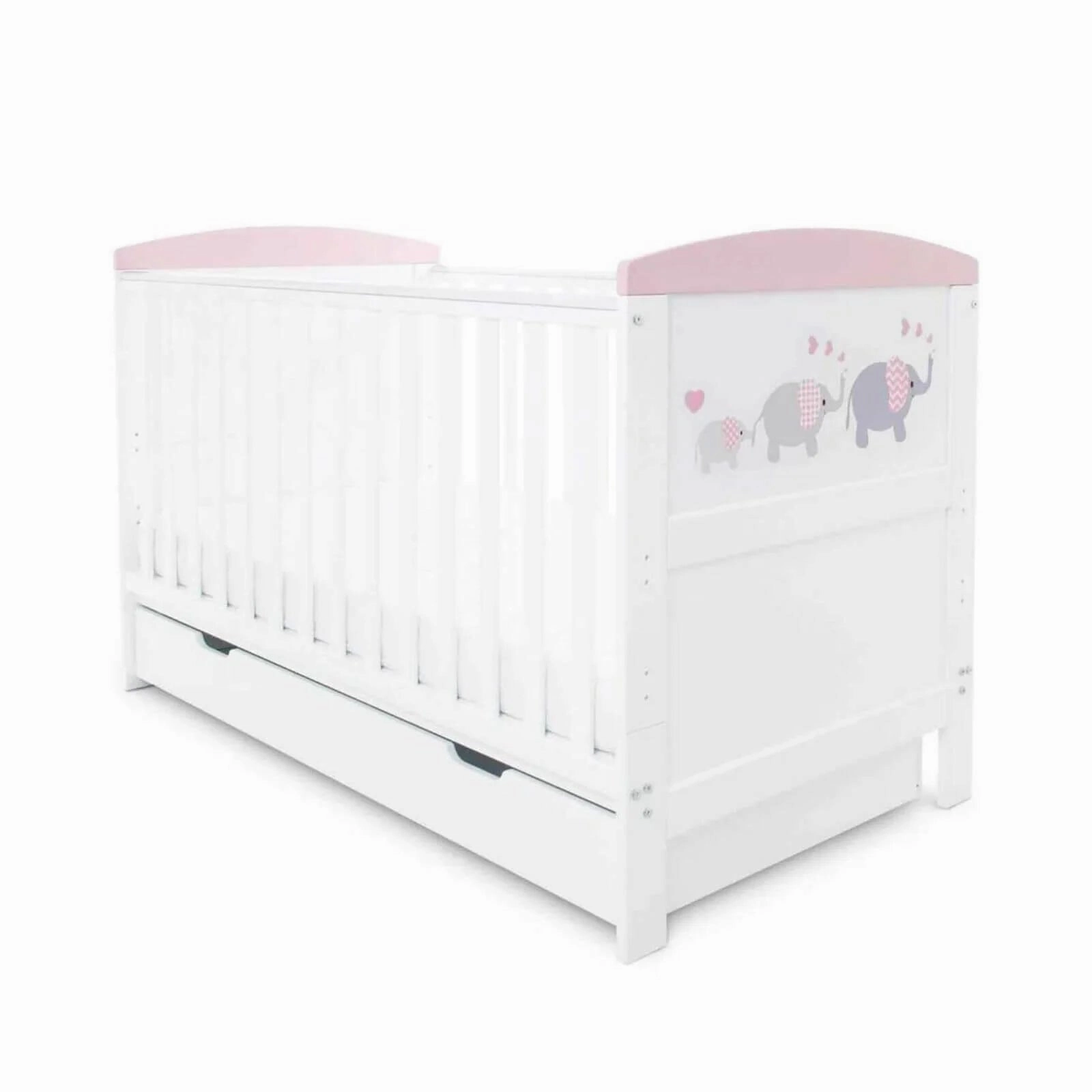 Ickle Bubba Coleby Style Cot Bed with Under Drawer Elephant Love Pink - Premium Pocket Sprung Mattress
