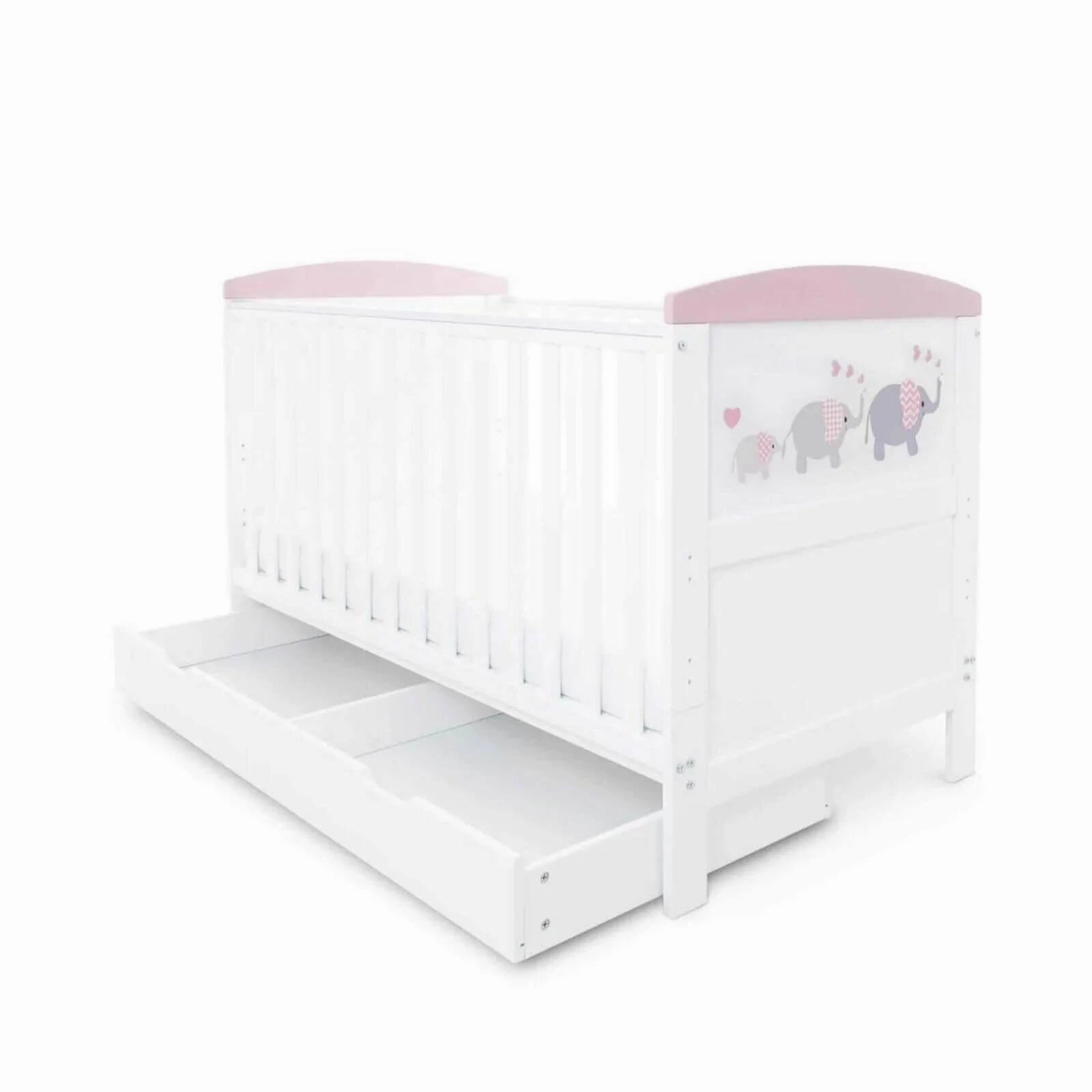 Ickle Bubba Coleby Style Cot Bed with Under Drawer Elephant Love Pink - Without Mattress