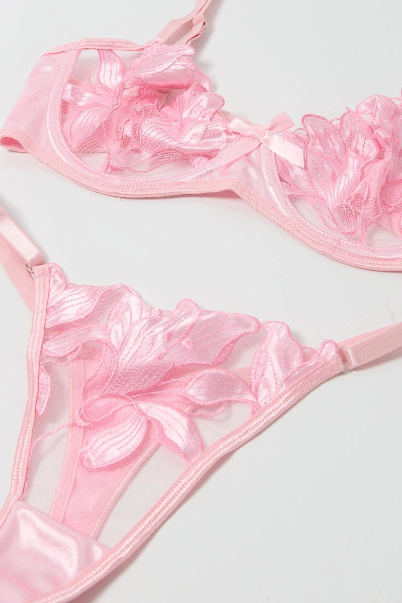 Pink Embroidery Lingerie Set