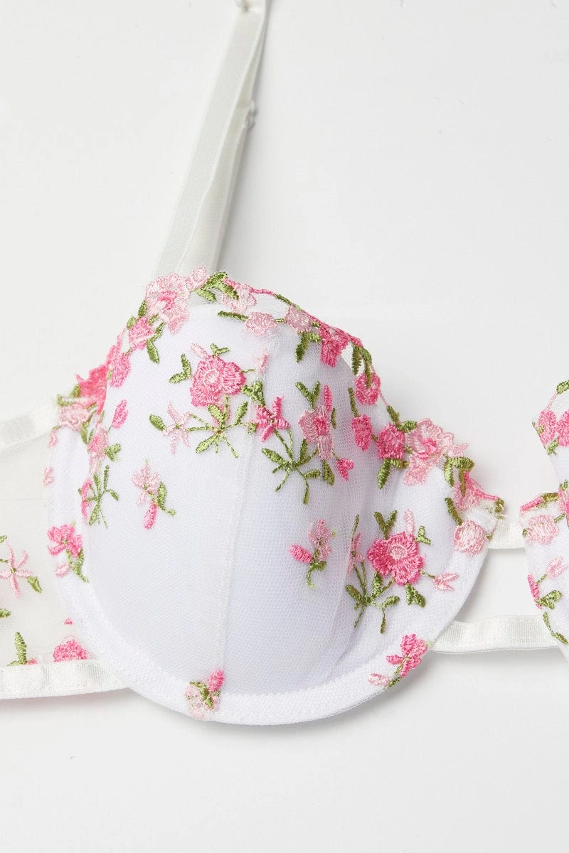 Pink Floral Embroidery Lingerie Set