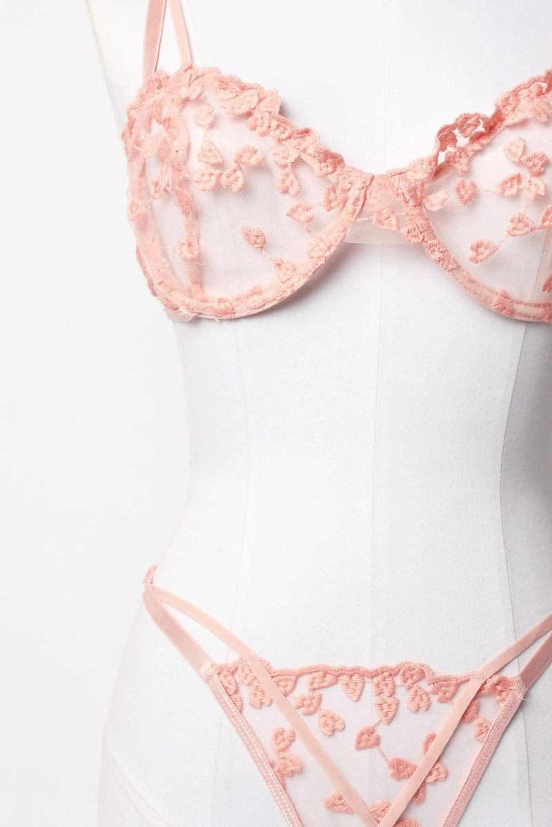 Pink Heart Embroidery Lingerie Set