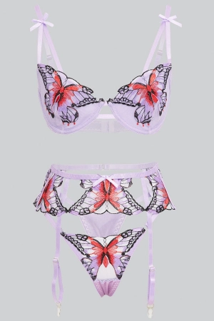 Purple Butterfly Embroidery Lingerie Set