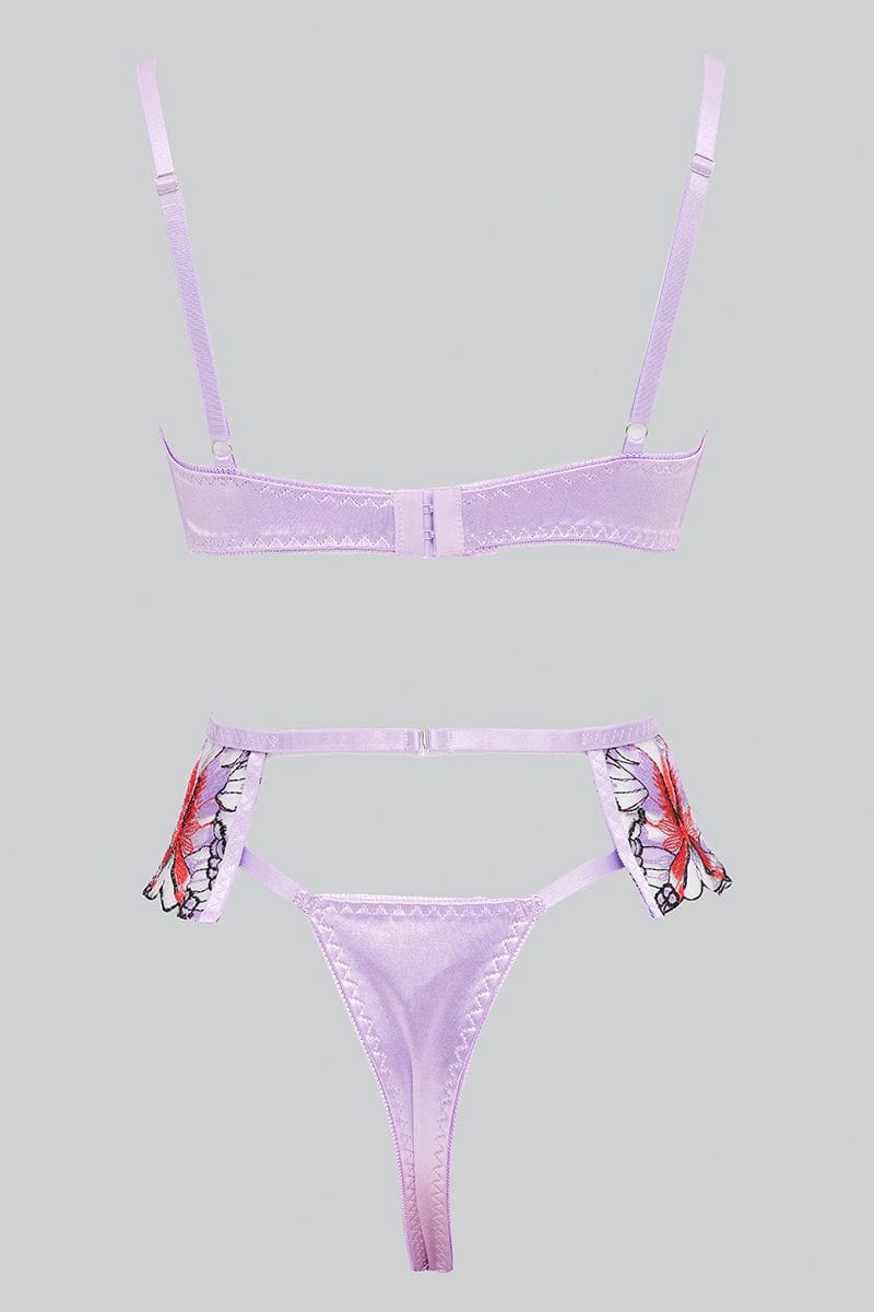 Purple Butterfly Embroidery Lingerie Set