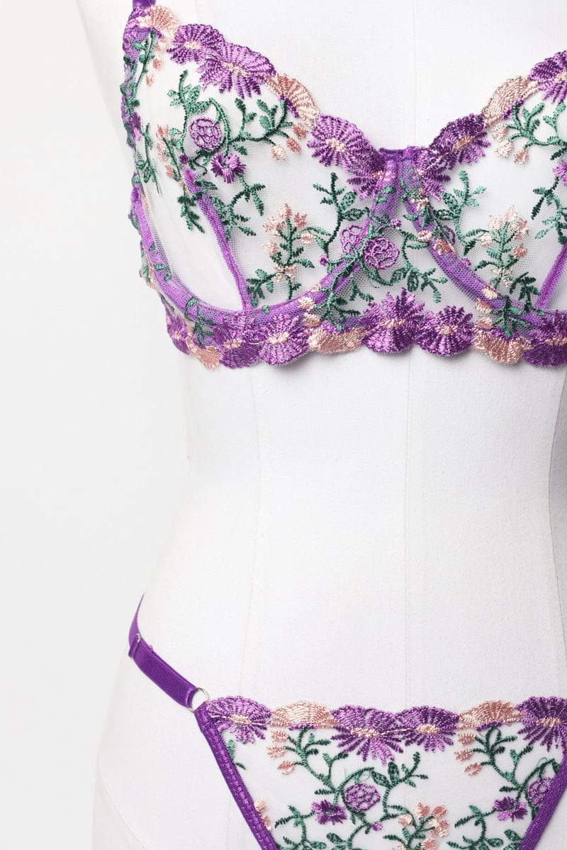 Purple Embroidery Lingerie Set