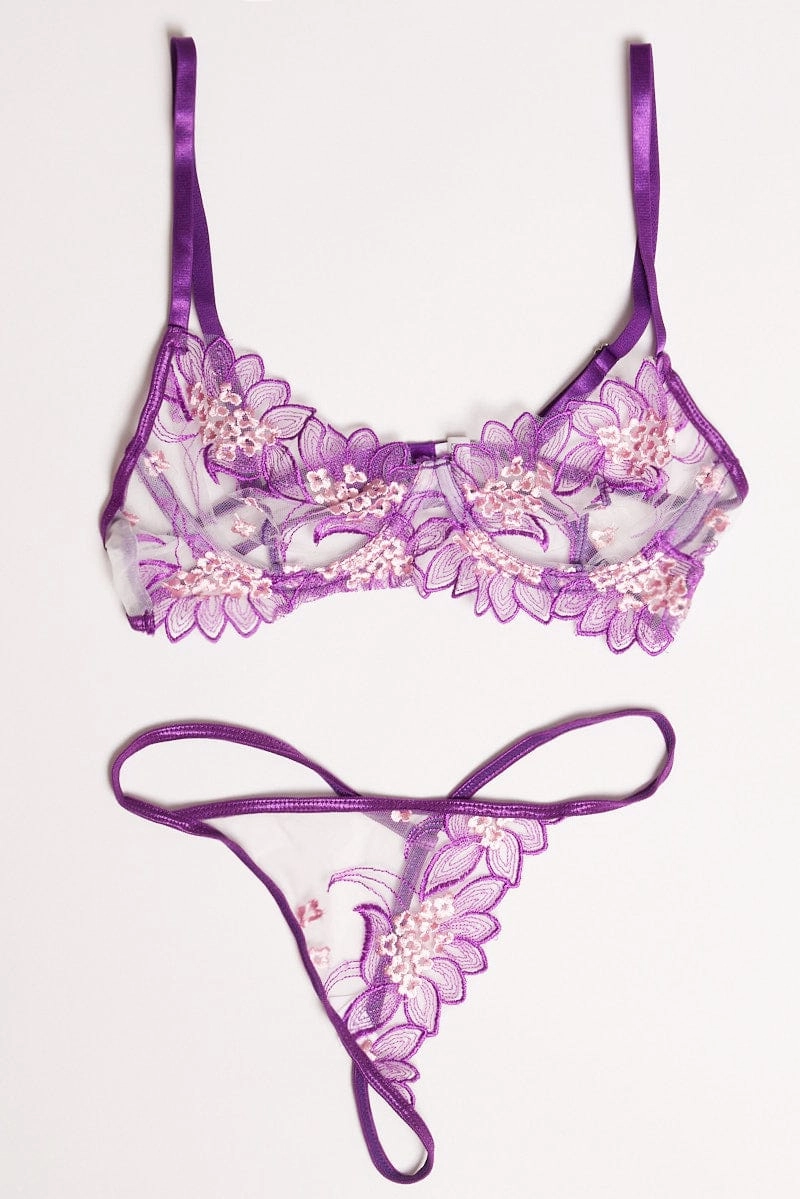 Purple Embroidery Lingerie Set