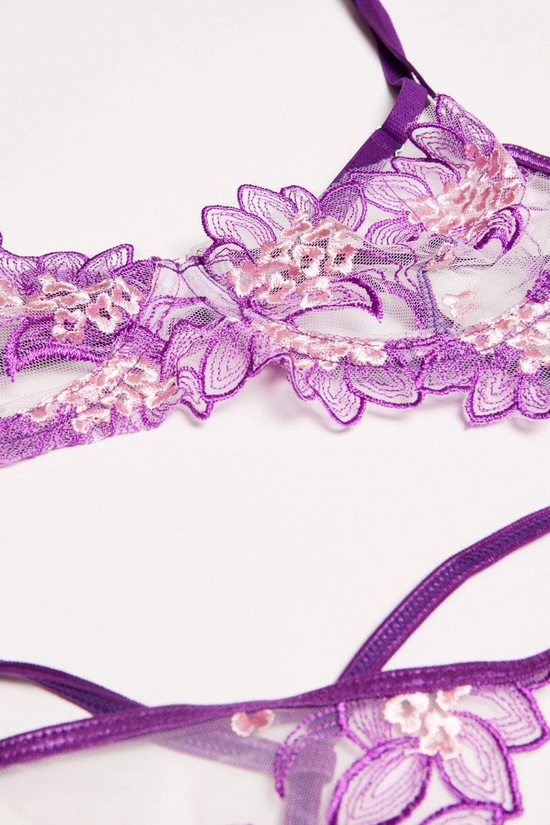 Purple Embroidery Lingerie Set