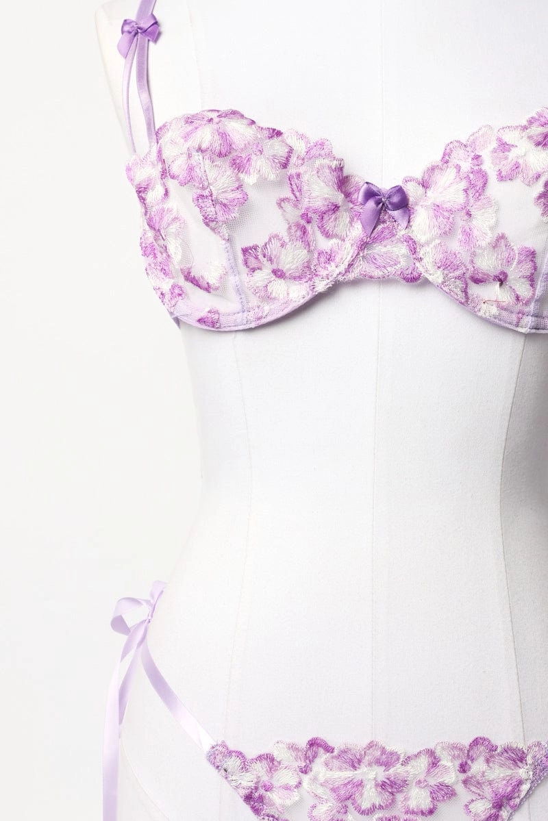 Purple Floral Embroidery Lingerie Set