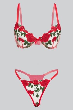 Red Rose Embroidered Trim Lingerie Set
