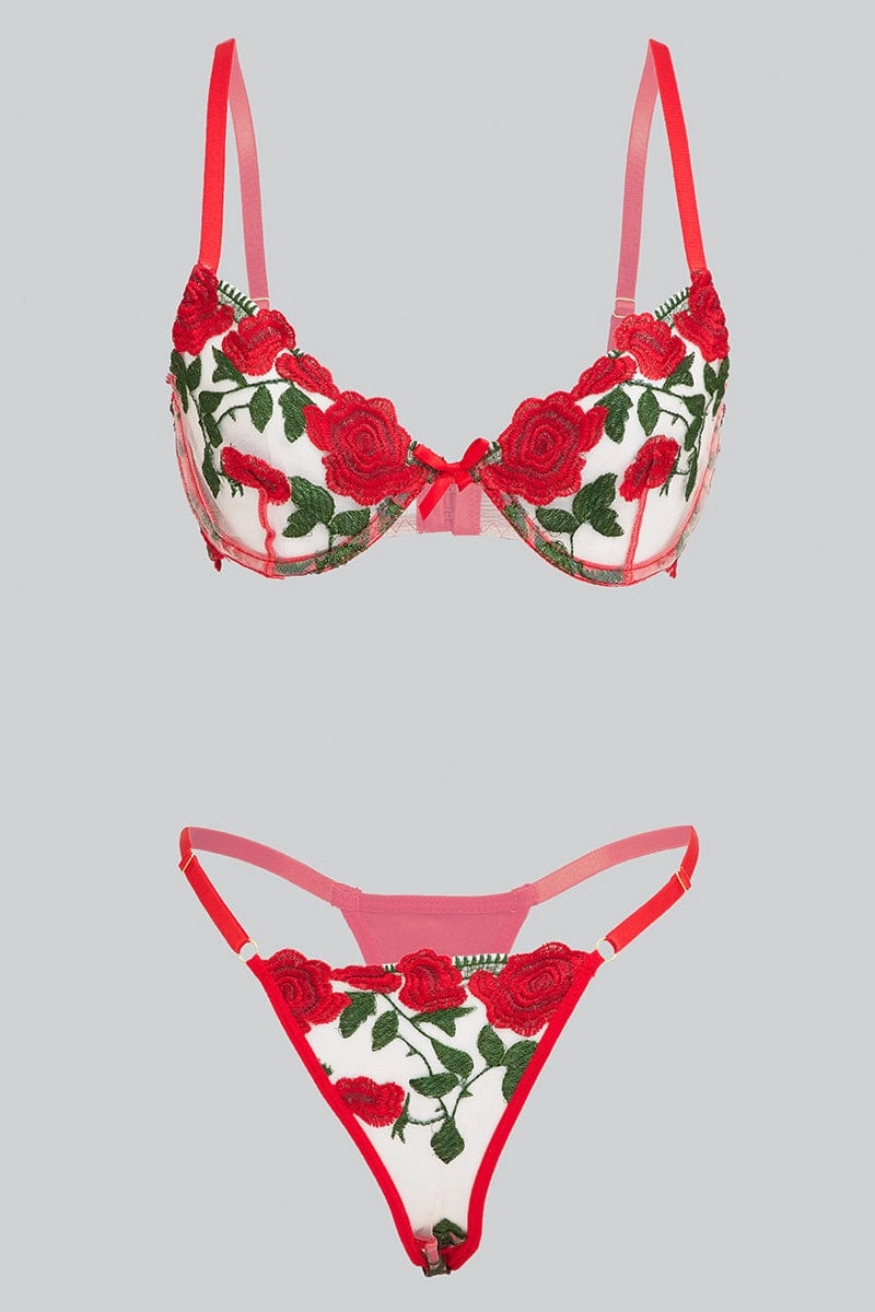 Red Rose Embroidered Trim Lingerie Set