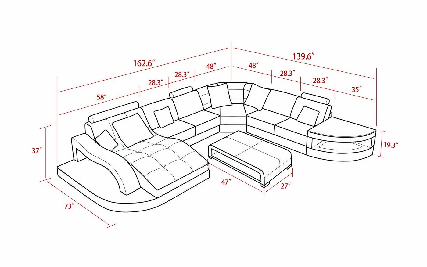 Red & White Navasota Large Leather Sectional with Shape Chaise