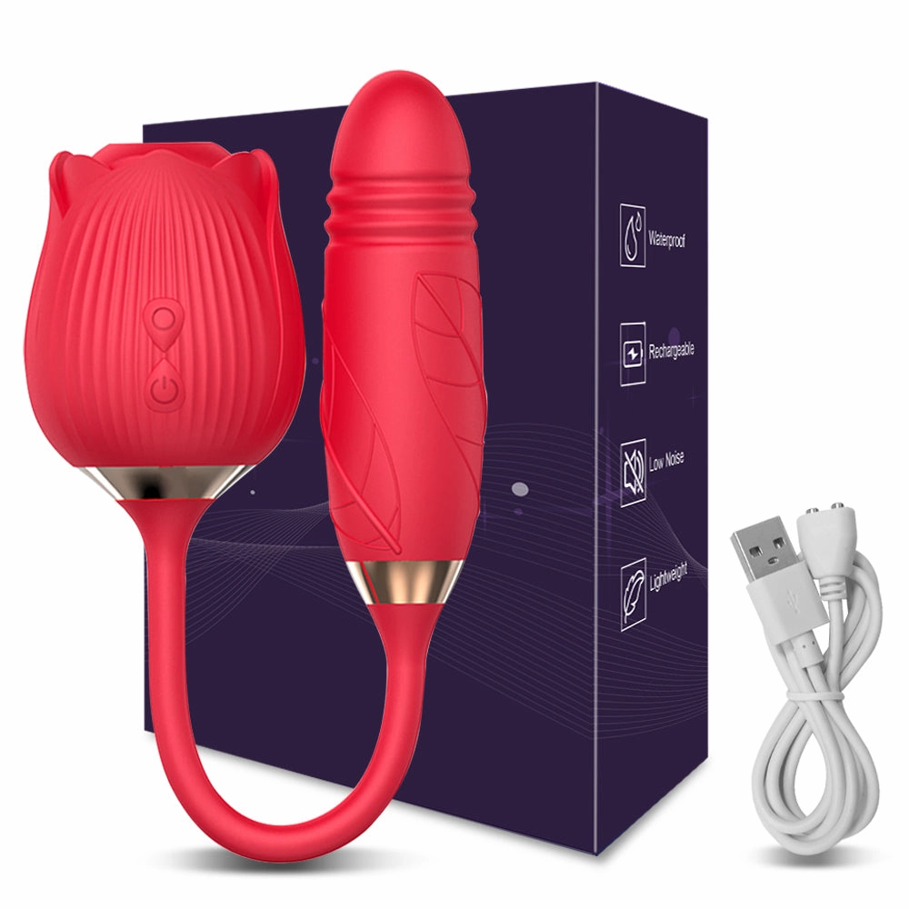 Rolay - 2 in 1 Thrusting Vibrating Rose Toy Sucking Vibrator for Women Nipple Clitoris Stimulator Clit Sucker