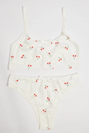 White Cherry Print Lingerie Set