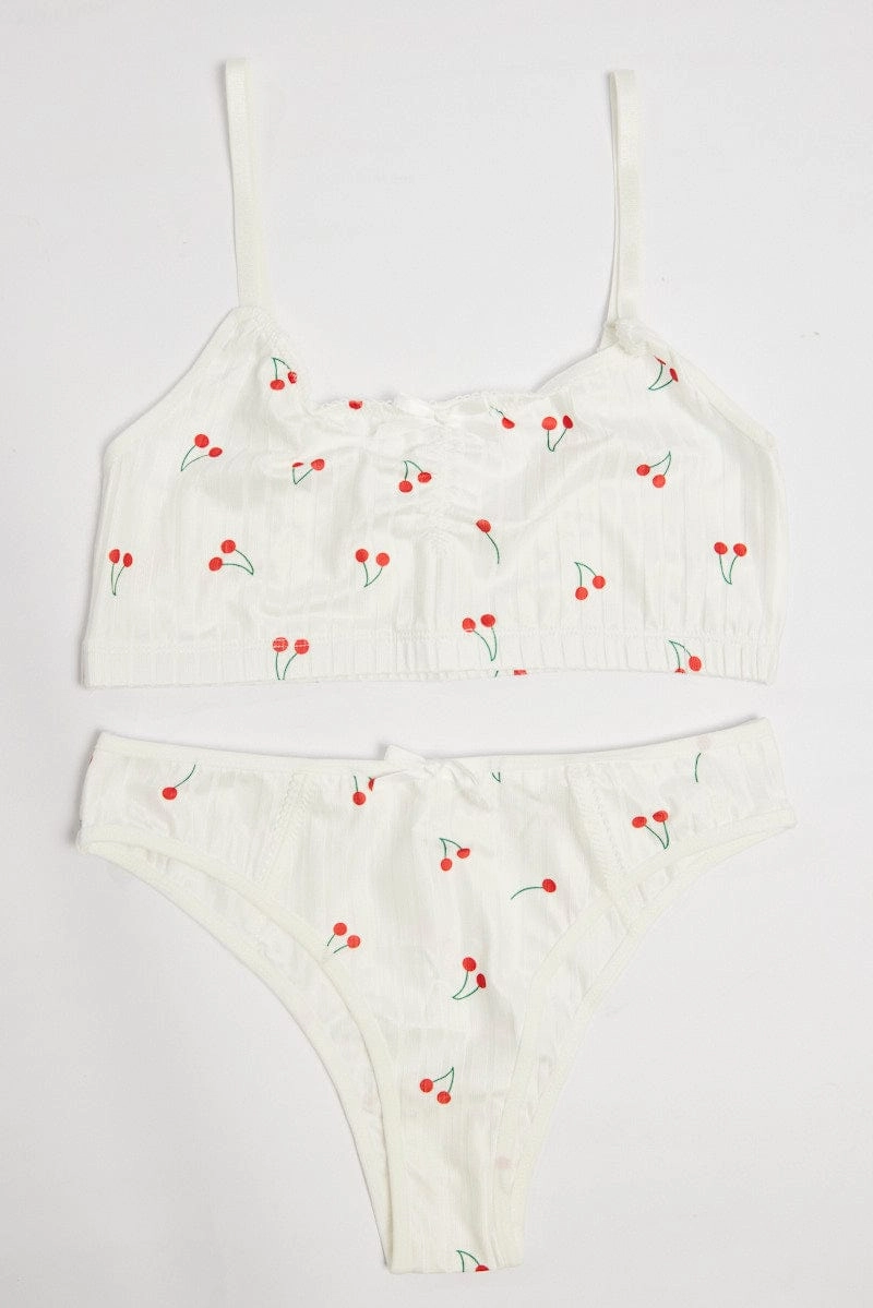 White Cherry Print Lingerie Set